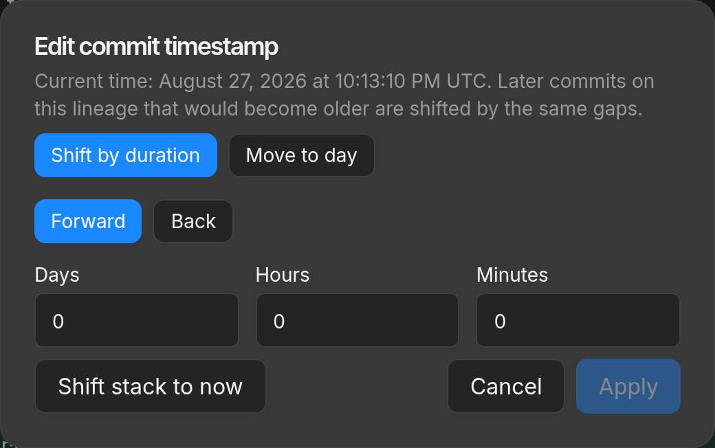 Edit commit timestamp dialog with shift to now